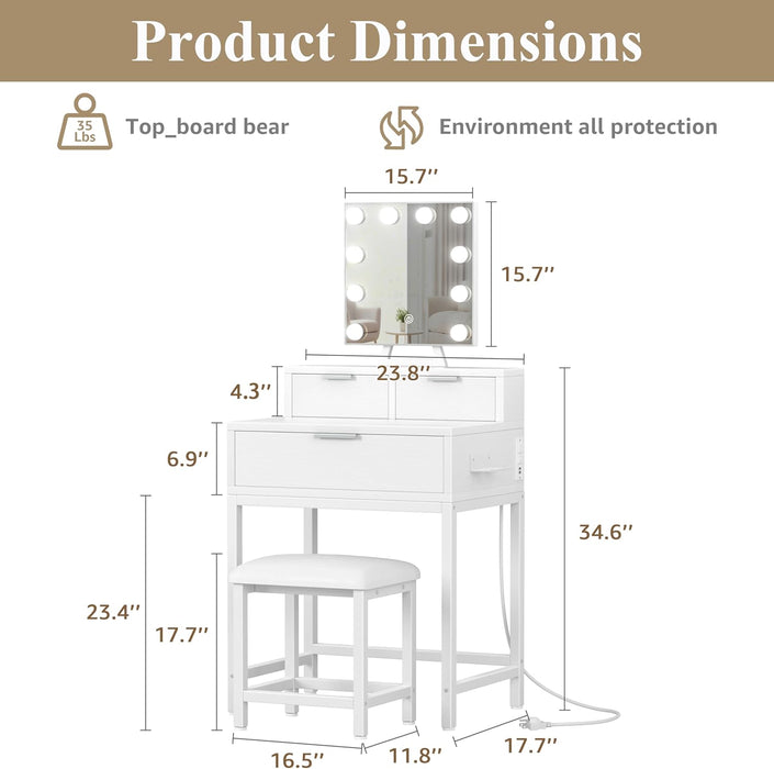 White Makeup Vanity Desk with Hollywood Mirror and Lights, Girls Vanity Set with Stool, Compact Make up Table with Drawers and Outlet for Bedroom Small Space