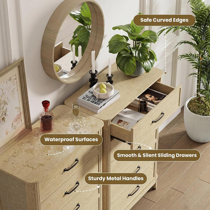 5 Drawer Dresser for Bedroom, Modern Farmhouse Chest of Drawers with Rattan Side Panels, Wooden Storage Cabinet with Metal Handles, Solid Wood Legs & Anti-Tip Kit for Living Room, Natural Wood