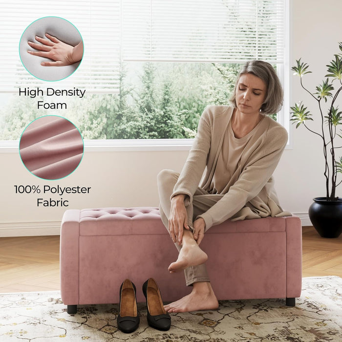 50 Inches Wide Storage Ottoman Bench, Upholstered Foot Rest Stool, Long Bench Footstool, Couch Ottoman, Ottomans for Living Room, Entryway, End of Bed Storage Bench for Bedroom (Pink)