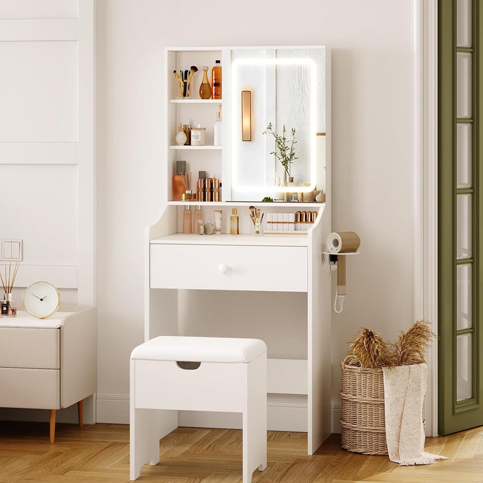 24.4" Small Makeup Vanity Desk with Mirror and Lights,Adjustable 3 Lighting Modes,White Compact Vanity Set with Charger Station and Storage Stool