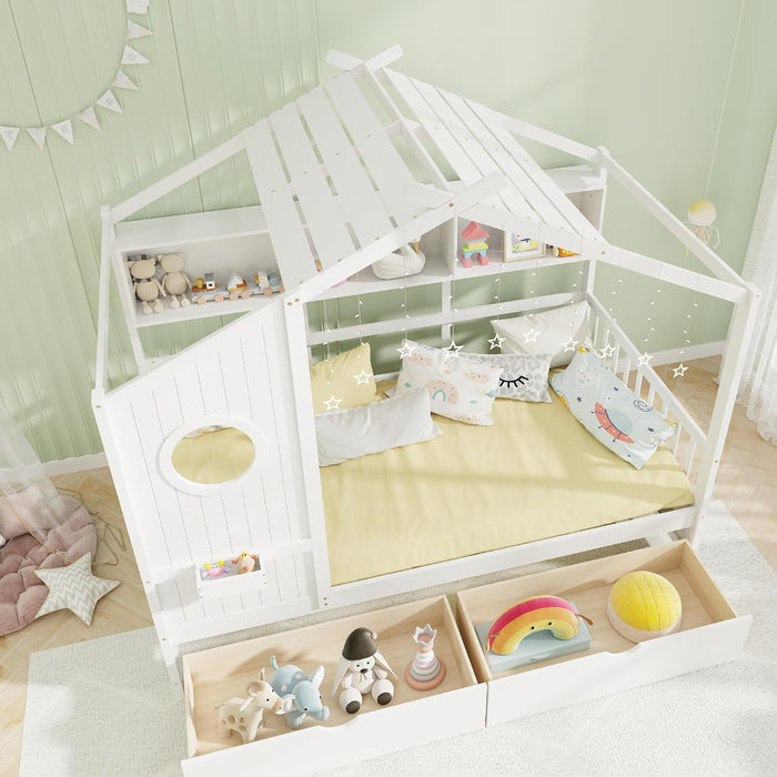 White Twin Size Wooden House Bed TwoUnderbedStorageDrawers