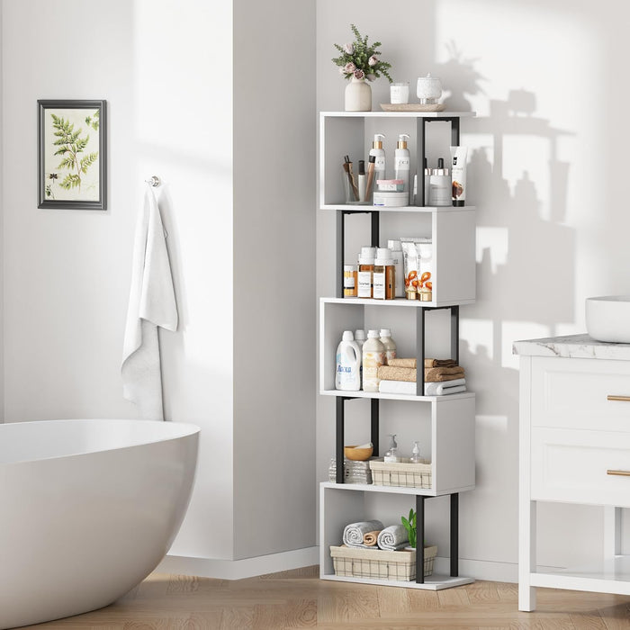 5-Tier Bookshelf, Narrow S-Shaped Geometric Bookcase, Wood Decorative Storage Shelving, Modern Freestanding Display Shelves, Book Shelf Unit for Living Room Bedroom Home Office, White