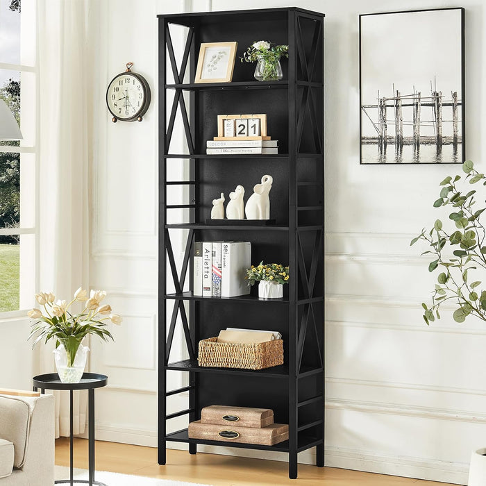 Bookshelf, 7-Tier Bookshelf, Rustic Wood Metal Bookshelves and Bookcases, Freestanding Open Bookshelf, Industrial Tall Bookcase for Home Office, Living Room and Bedroom, Black