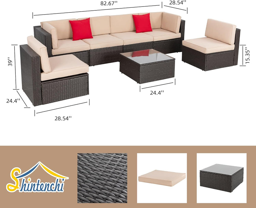 7 Pieces Patio Furniture Sets Outdoor All-Weather Sectional Patio Sofa Set PE Rattan Manual Weaving Wicker Patio Conversation Set with Glass Table&Ottoman Cushion and Red Pillows, Beige