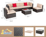 7 Pieces Patio Furniture Sets Outdoor All-Weather Sectional Patio Sofa Set PE Rattan Manual Weaving Wicker Patio Conversation Set with Glass Table&Ottoman Cushion and Red Pillows, Beige