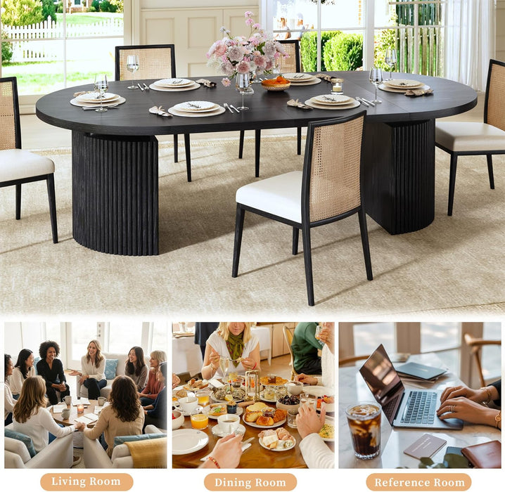 Extendable round Dining Table for 4-8, 39In-77In Long Large Kitchen Table with Fluted Base, Space Saving Modern Farmhouse Oval Dinner Tables for Dining Room, Kitchen, Living Room, Black