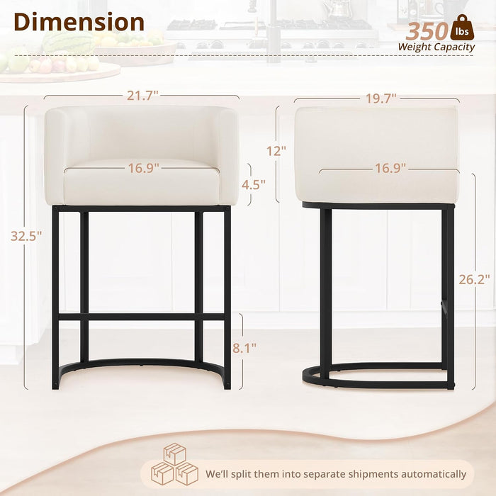 Counter Height Bar Stools Set of 3, Modern Barrel Counter Stools with Backrest and Arms, Black Metal Frames, Linen Fabric Upholstered Accent Barstools for Kitchen Island, Beige