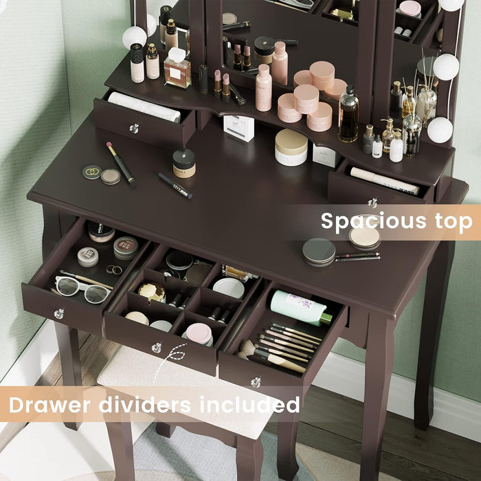 Vanity Desk, Makeup Vanity Set with Lighted Mirror and Stool, Dressing Table with 5 Drawers, 3 Light Settings & Adjustable Brightness, Espresso