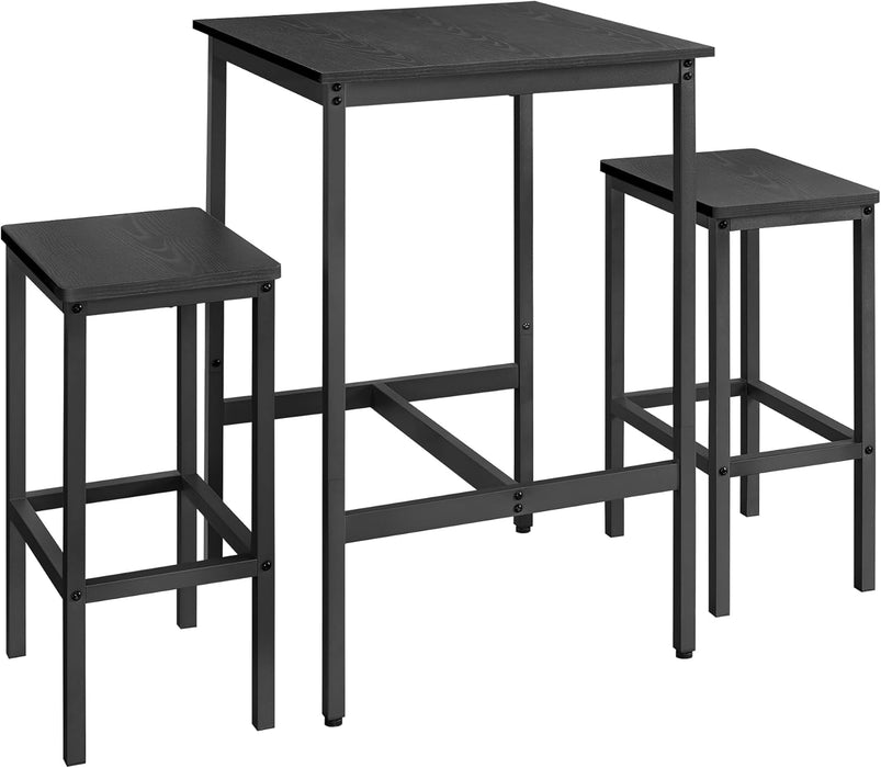 Bar Table and Chairs Set, Square Table with 2 Stools, Dining Pub Set for 2, Space Saving for Kitchen Breakfast, Living Room, Party Room, Ebony Black and Ink Black