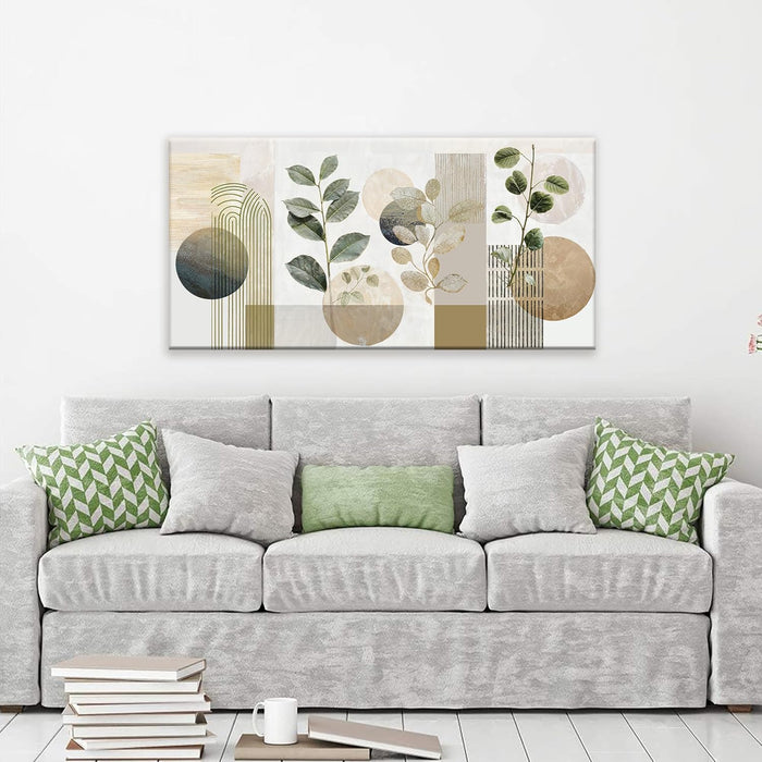 Green Boho Wall Art Minimalist Canvas Wall Art Decor Geometric Line Leaf Beige Green Wall Art Canvas Artwork Print Paintings Abstract Art Botanical Boho Room Office Home Wall Decor 20"X 40"