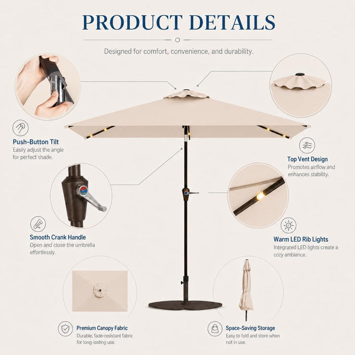 6.5 X 10Ft Rectangular Patio Umbrella with Solar Lights, 16 LED Lighted Market Umbrella with Push-Button Tilt and Crank, 6 Sturdy Iron Ribs for Garden, Deck, Pool, Beige