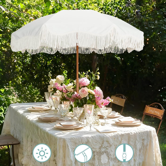 Boho Fringe Umbrella Outdoor Patio, 6.5Ft UPF50+ Picnic Umbrella with Tassels with Steel Pole and Push Button Tilt, Antique White