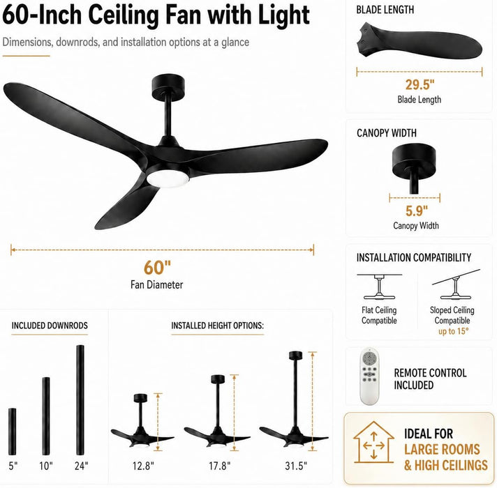 Modern 60 Inch Black Ceiling Fan With Remote Control