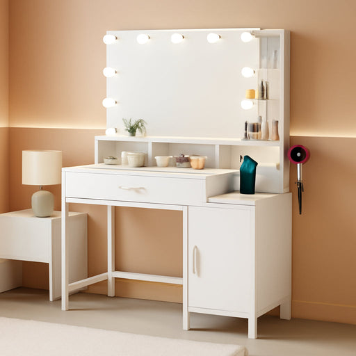 White Vanity Desk With Integrated PowerOutlet Cabinet