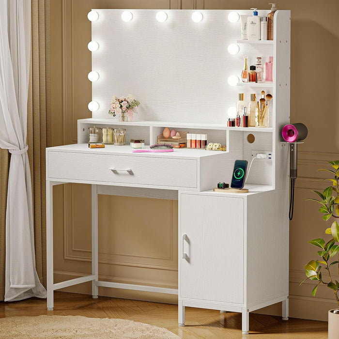 White Vanity Desk With Integrated PowerOutlet Cabinet