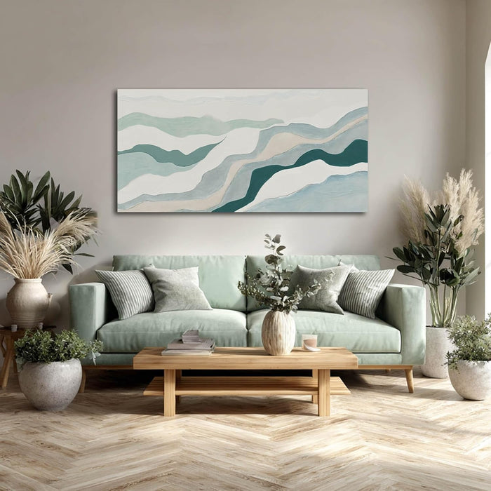 Neutral Abstract Wall Art Geometric Canvas Painting Blue Green and White Pictures Wall Decor for Living Room Bedroom Modern Artwork for Office 24X48 Inch