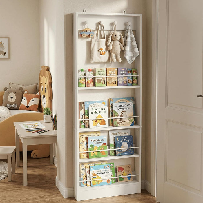 White Wall-Mounted 4-Tier Kids' Bookshelf Organizer