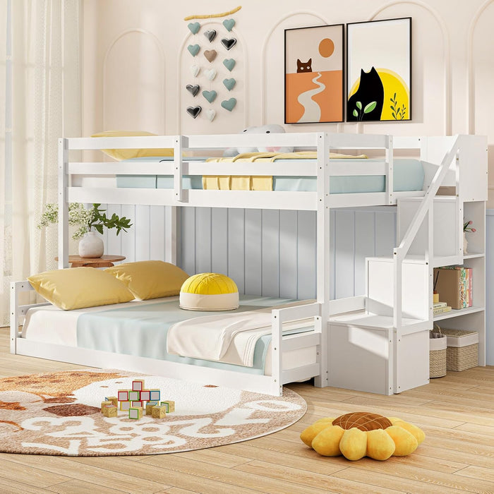 White SolidWood TwinOverFullBunkBed StairsGuardRails