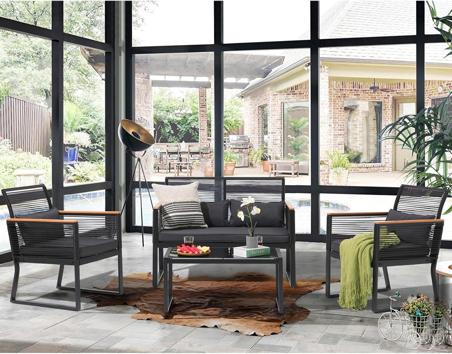 4 Piece Patio Furniture Set, Outdoor Wicker Bistro Set, All-Weather Black PE Rattan Conversation Set W/Coffee Table, Loveseat, Wood-Like Armrest, Cushions for Garden Balcony Deck, Dark Grey