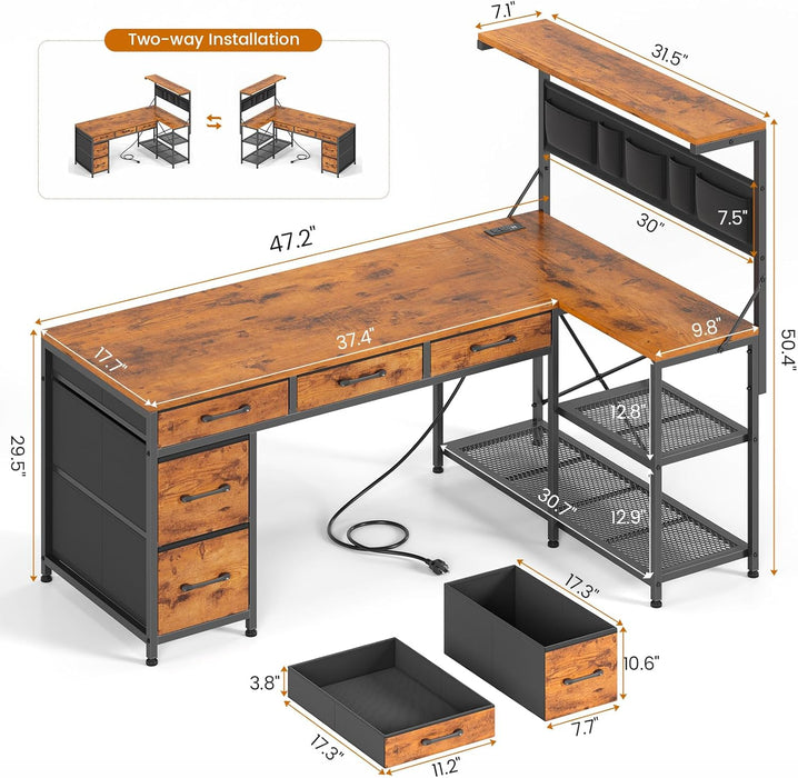 L Shaped Desk with Drawers and Hutch, 47.2" Reversible Office Computer Desk with 5 Fabric Drawers, L Shaped Desk with Storage Shelves, Power Outlet and LED Lights for Home Office, Rustic Brown