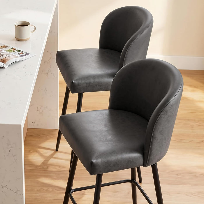 Counter Height Bar Stools Set of 2, 360° Swivel Upholstered Barstools with Backs and Metal Legs, 26" H Seat Height, Faux Leather in Black