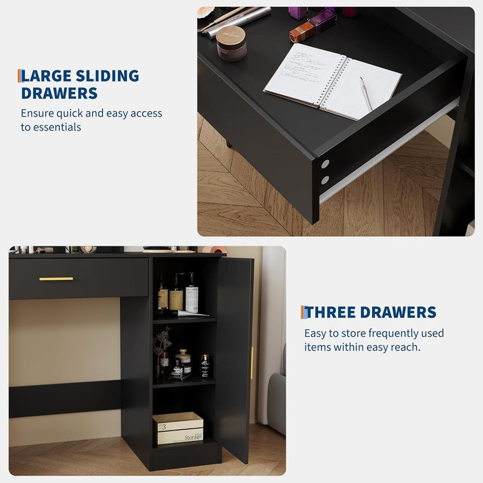 35.4-Inch Vanity with Mirror, Featuring Three-Level Adjustable Lighting, a Drawer Unit, Shelves, an Outlet, and a Stool. a Compact Vanity Suitable for Living Rooms and Apartments – Black
