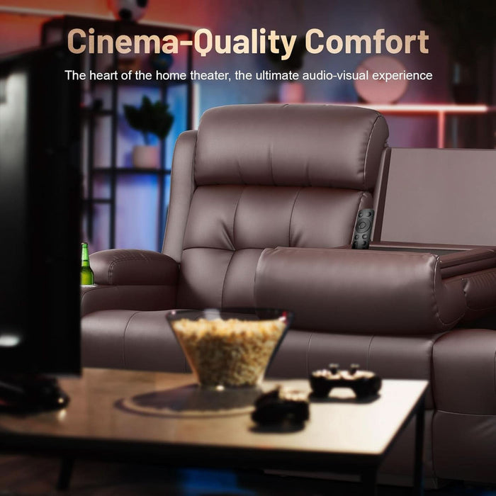 3-Seater Loveseat Recliner Sofa, Home Theater Seating Reclining Couch with Flip Middle Backrest, RV Wall Hugger Sleeper with LED Lights, Massage, Dawer & Cup Holders, 150° Recline for RV & Living Room