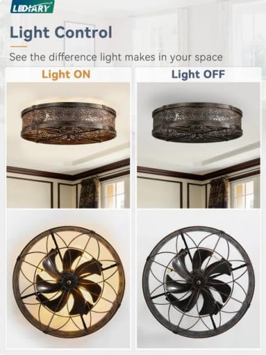 20" Caged Ceiling Fans with Lights,Low Profile Flush Mount Enclosed Bladeless Farmhouse Ceiling Fan with Light and Remote,Black and Gold Vintage Victorian Rustic Fandelier for Bedroom,Kitchen