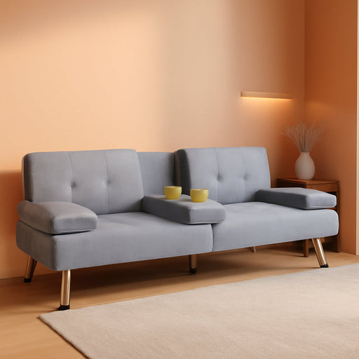 Futon Sofa Bed Modern Folding Futon Set Linen Fabric Convertible Recliner Lounge for Living Room with 2 Cup Holders, Removable Armrests (Fabric, Light Grey)
