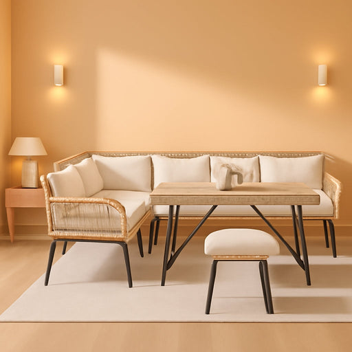 L-Shaped Rattan Patio Furniture Set Light Brown Beige