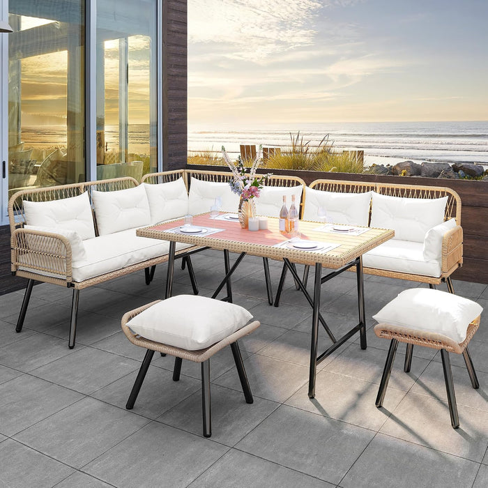 L-Shaped Rattan Patio Furniture Set Light Brown Beige