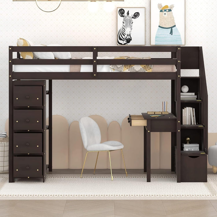 Loft Bed Twin with Desk and Storage Stairs, Space-Saving Wood Bed Frame with Drawers and Shelves, for Teens Adults (Espresso)