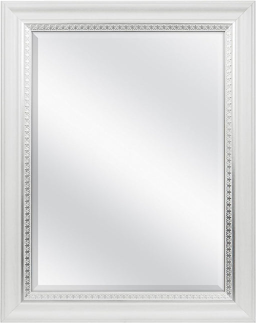 23X29 Large Wall Mirror, White Woodgrained Frame with Silver Embossed Detail & Beveled Detail Mirror, Vertical & Horizontal Wall Hanging Mirror for Bathroom, Bedroom & Livingroom