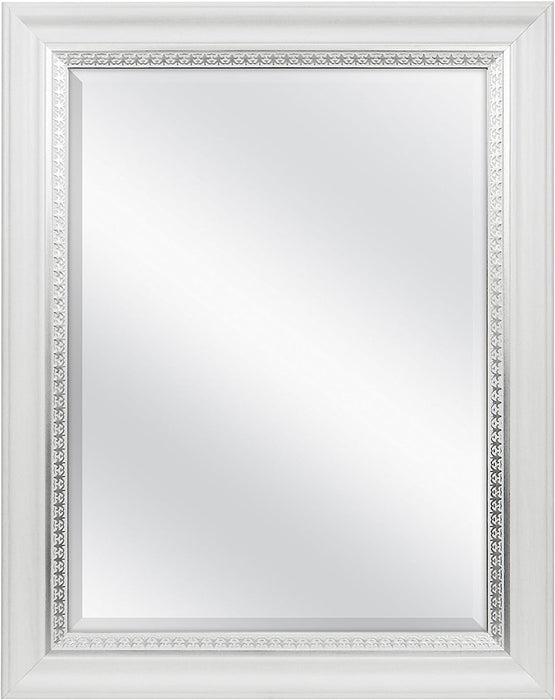 23X29 Large Wall Mirror, White Woodgrained Frame with Silver Embossed Detail & Beveled Detail Mirror, Vertical & Horizontal Wall Hanging Mirror for Bathroom, Bedroom & Livingroom