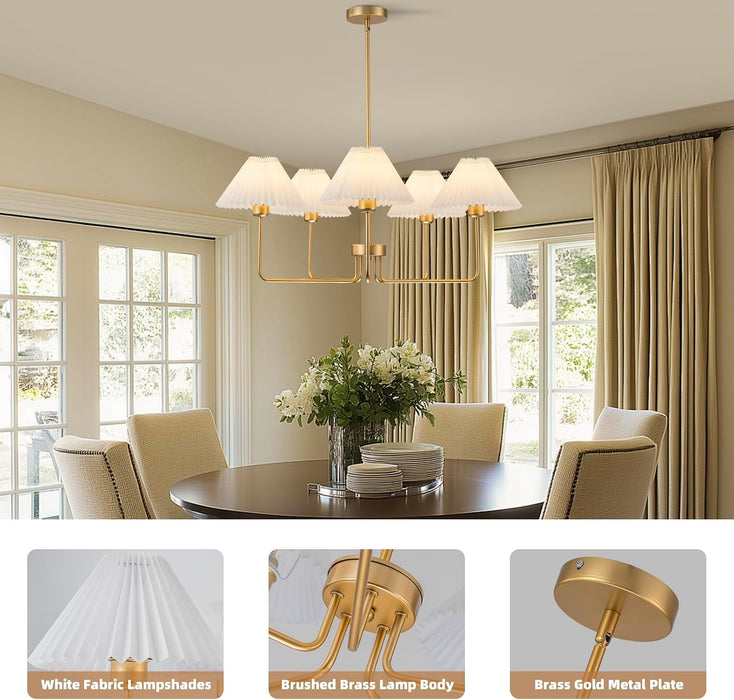 5-Light Gold Chandelier,Mid Century Modern Dining Room Light Fixtures with White Pleated Fabric Shades, Chandeliers Lighting Fixtures for Kitchen Island above Dining Table,Height Adjustable