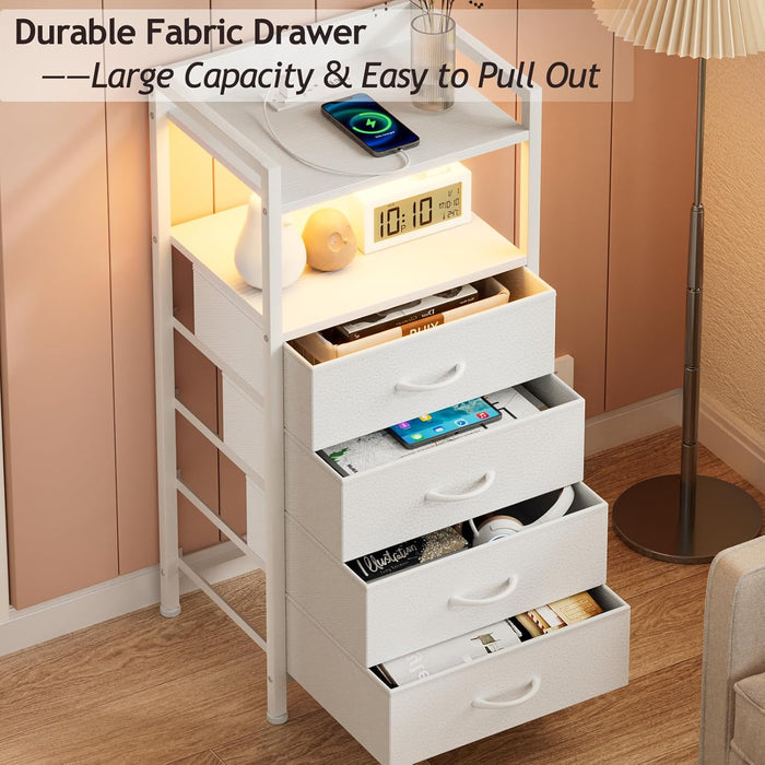 White Nightstand With Charging Station LED Lighting