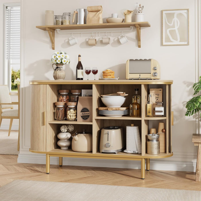 Console Table with Sliding Tambour Doors, 47" TV Stand with Storage & Adjustable Open Shelves for Tvs up to 55", Modern Entryway Table for Living Room, Foyer, Hallway, Natural Oak