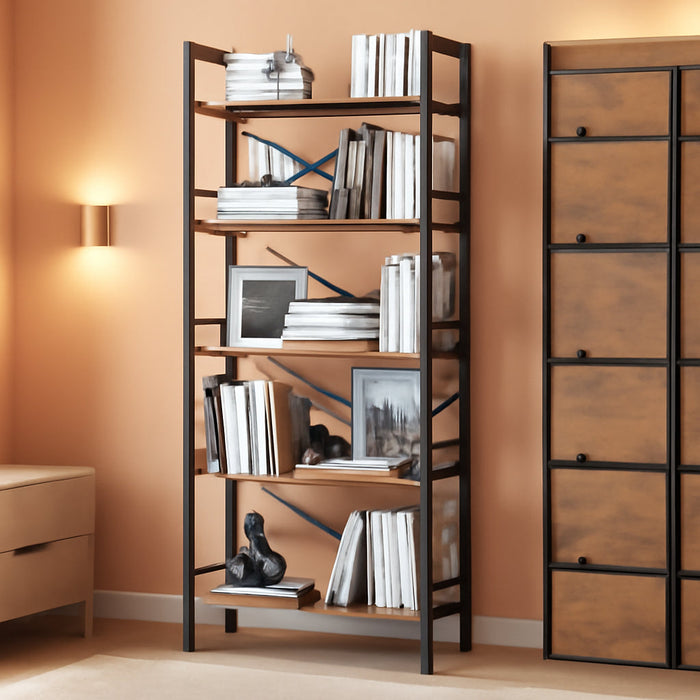 Folding Bookshelf,5 Tier Bookcase Foldable Shelf with X-Bracket Design, Adjustable Feet, Space Saving Storage for Living Room, Office, Rustic Brown