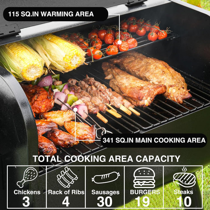 Electric Wood Pellet Grill & Smoker with Side Shelf, 456 SQ.IN Grill Capacity, 11LB Hopper, with PID Temperature Control (180-425°F) for Backyard Camping Bake and Roast, Black with Cover