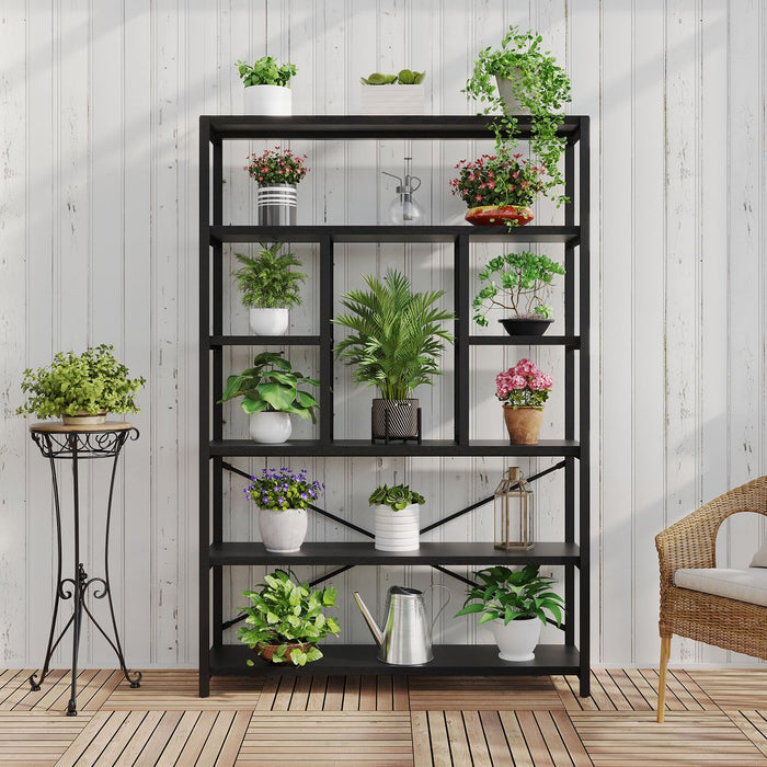 6 Tier Industrial Bookshelf for Bedroom Living Room Office, Black Oak
