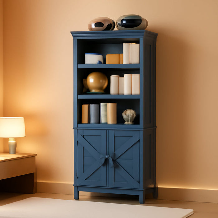 70In Tall Bookshelf 5 Tier Bookcase with Barn Doors and Adjustable Shelves, Blue Farmhouse Book Shelf with Storage Cabinet, Wood Freestanding Display Bookshelves for Bedroom, Living Room