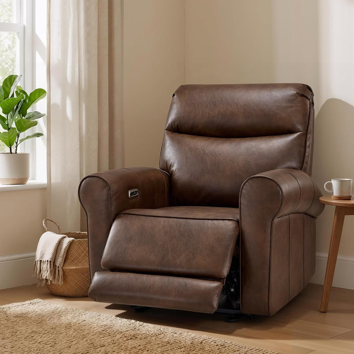 Power Wall Hugger Recliner Chair for Small Space RV Living Room, USB & USB-C Charging Ports, Modern Rolled Arm Recliner, Faux Leather PR630 (Dark Brown, Medium)