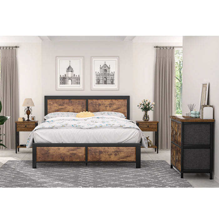 4-Piece Bedroom Set with Queen Size Platform Bed Frame & 5-Drawer Dresser & Two Nightstands, Brown