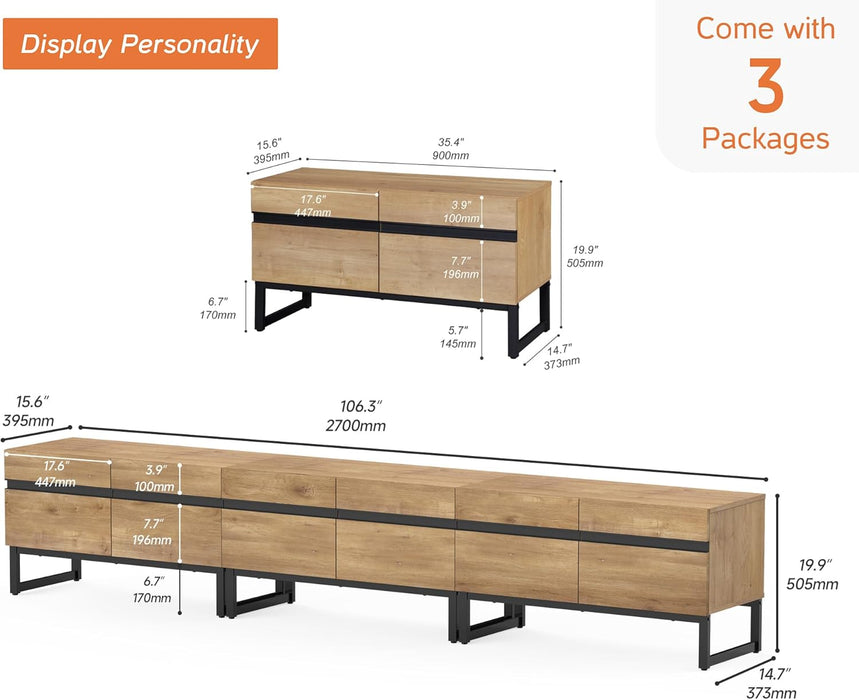 Modern TV Stand for 110 Inch Tvs, 3 in 1 Entertainment Center with Storage Cabinets and Metal Base, Media Console for Living Room, Oak