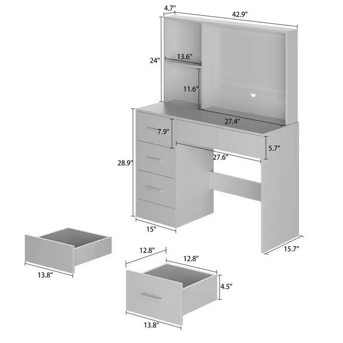 5-Drawers White Wood Makeup Vanity Table Dresser Sets Dressing Desk with LED Mirror and Open Shelves