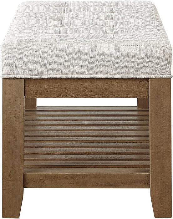 Large Rectangular Upholstered Tufted Linen Ottoman Bench, Padded Bench with Solid Wood Shelf-Ivory