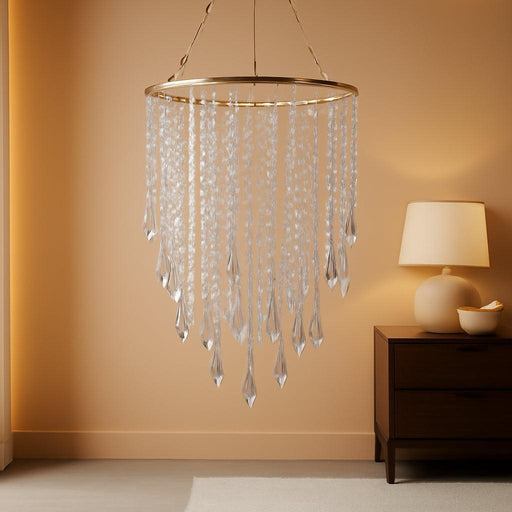 Acrylic Chandelier Ceiling Light Shade Beaded Hanging Pendant Lampshade with Gold Frame for Bedroom for Wedding Party H12.9" X W8.7" 3 Tiers