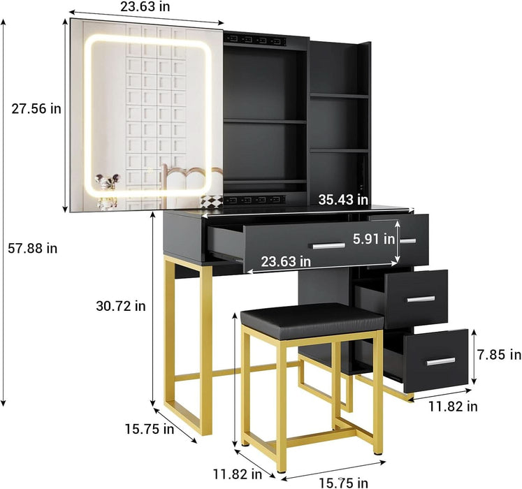Black Makeup Vanity Desk with Lighted Mirror, 3 Color Modes & Power Outlets, 4 Drawers and 5 Shelves Dressing Table with Cushioned Stool, Modern Vanity Set for Women, Bedroom & Bathroom