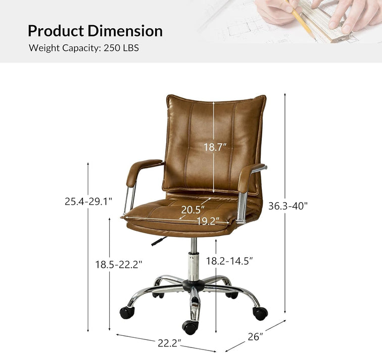 Faux Leather Home Office Desk Chair, Adjustable Swivel Computer Chair with Sliver Legs and Arms, Comfy Upholstered Task Chair(Camel)