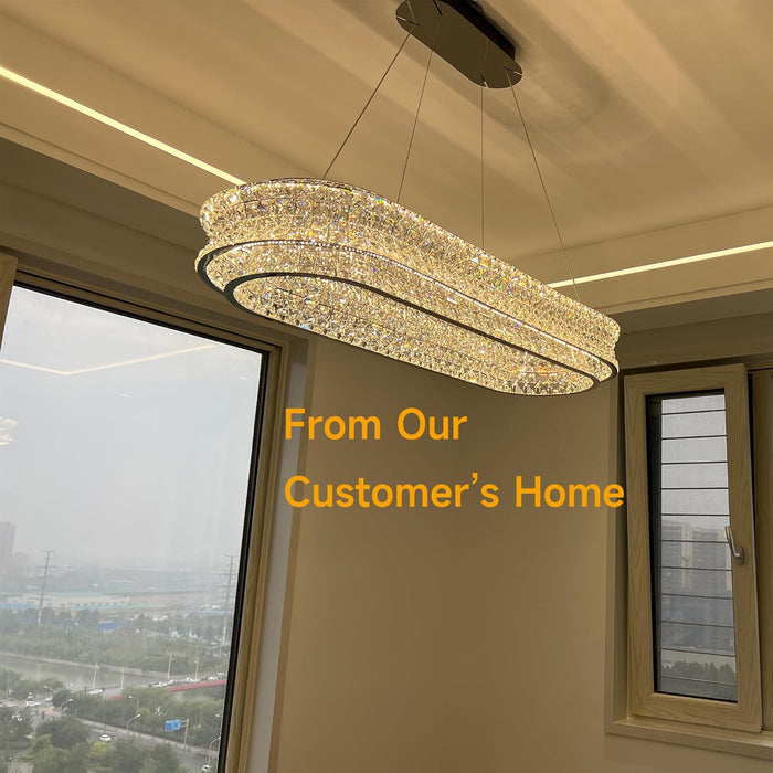 47" LED Rectangle Chrome Crystal Chandeliers for Dining Room, Rectangular Modern Crystal Oval Kitchen Chandelier, Dimmable LED Light Fixture with Remote, for Dining Room, Kitchen Island, Bar